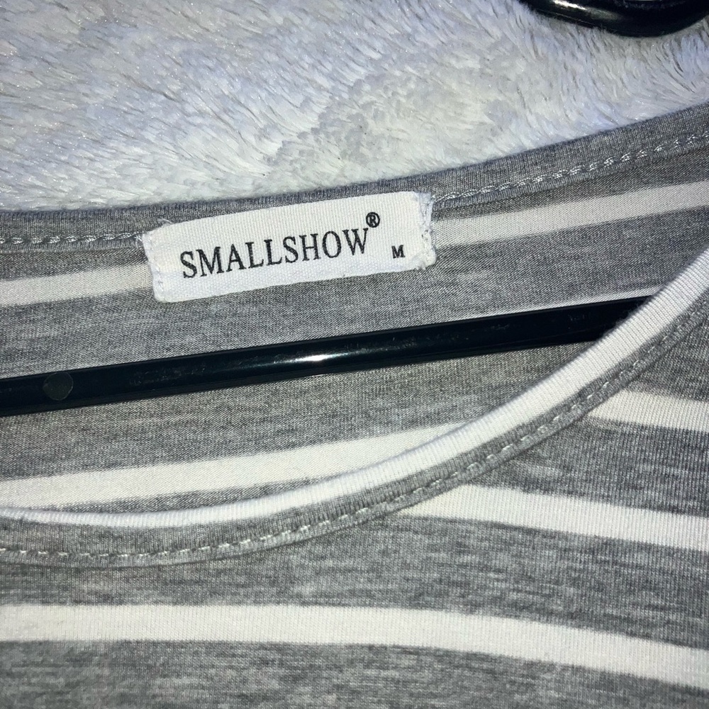 White and grey striped maternity shirt